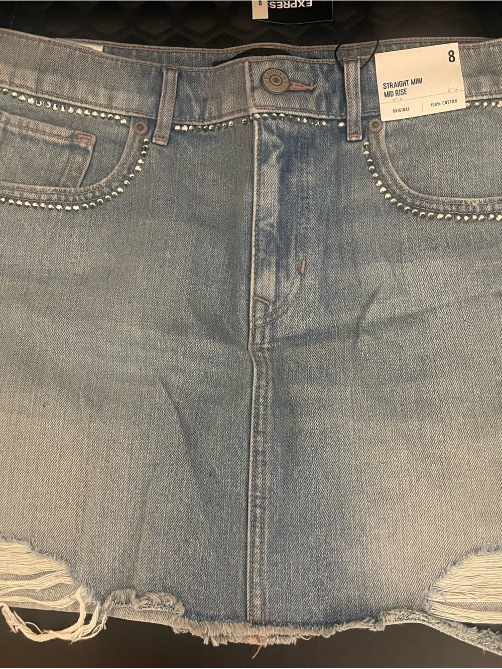 EXPRESS Women’s Mini Denim Skirt with Rhinestone Detail | Size 8